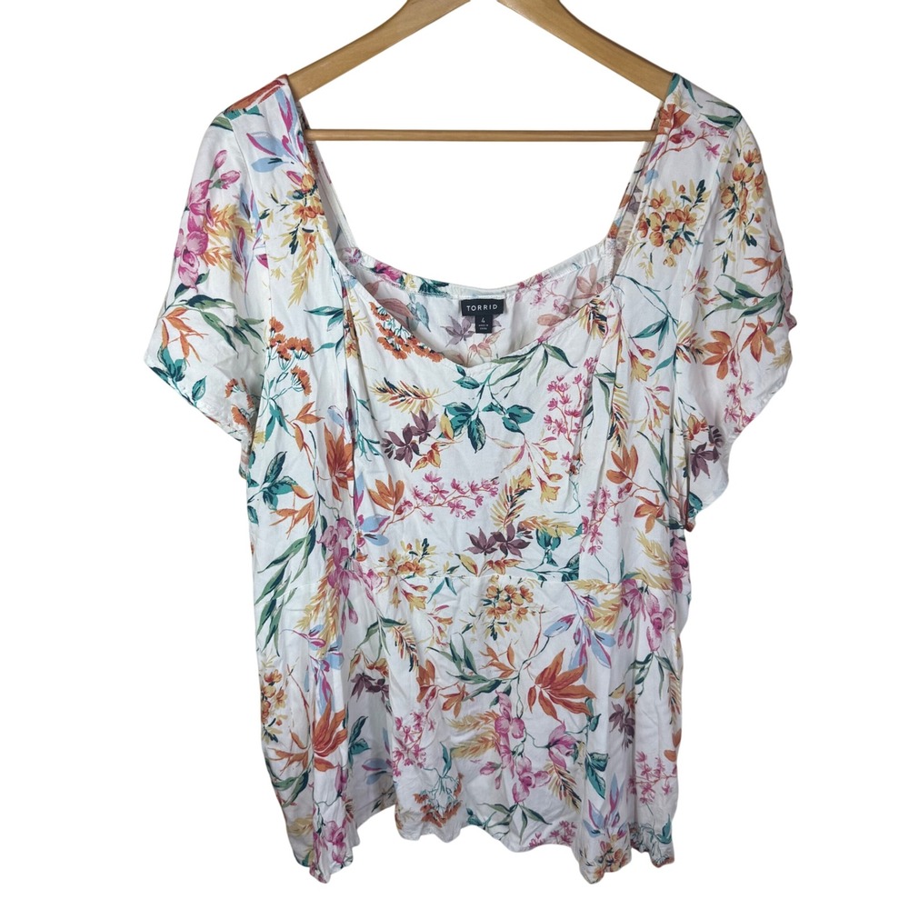 Torrid Womens 4X White Floral Print Square Neck Flutter Sleeve Top Career Work